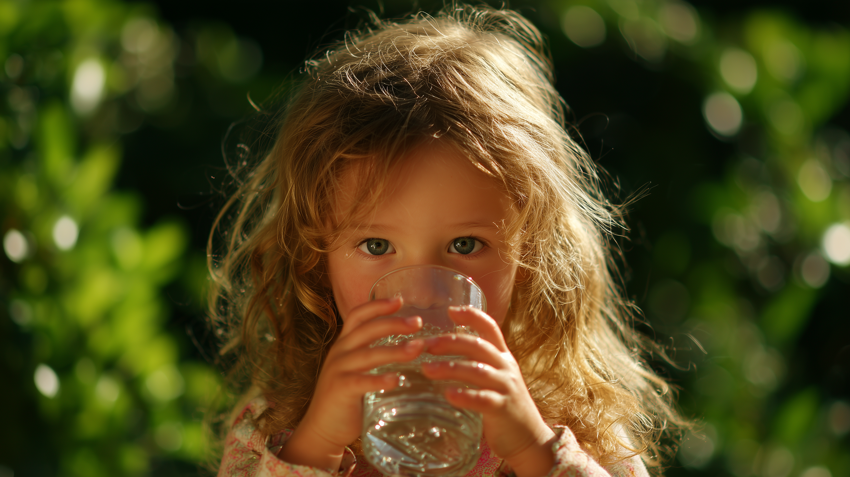 Meisje drinkt water uit een glas, staand bij een raam met zacht daglicht.