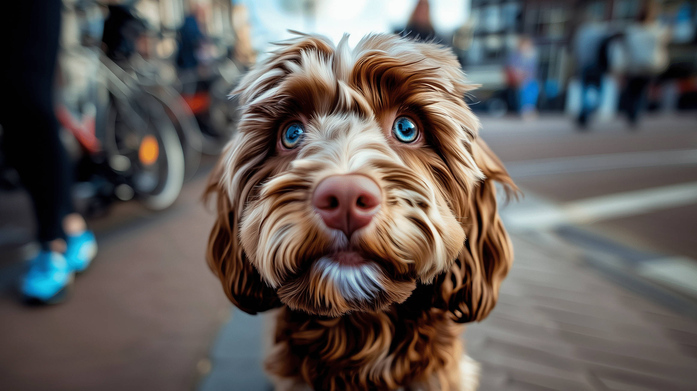 Cockapoo-hond met bruine vacht ligt in het gras en kijkt recht in de camera.