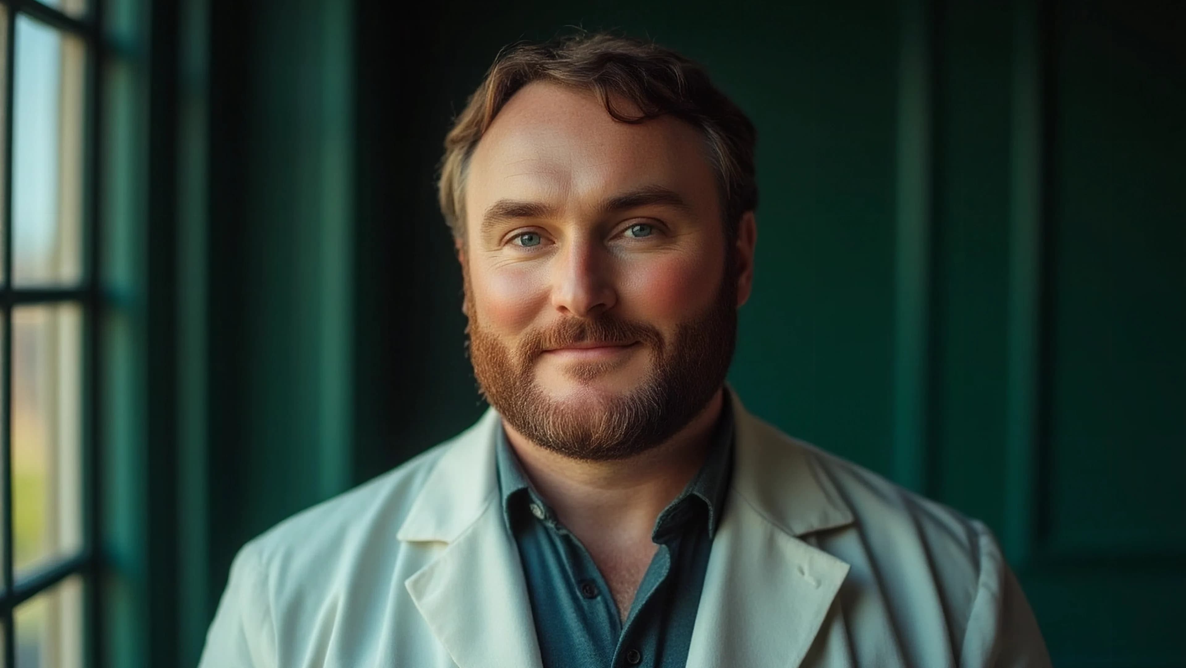 Man met baard en licht colbert kijkt glimlachend in de camera, staand bij raam.