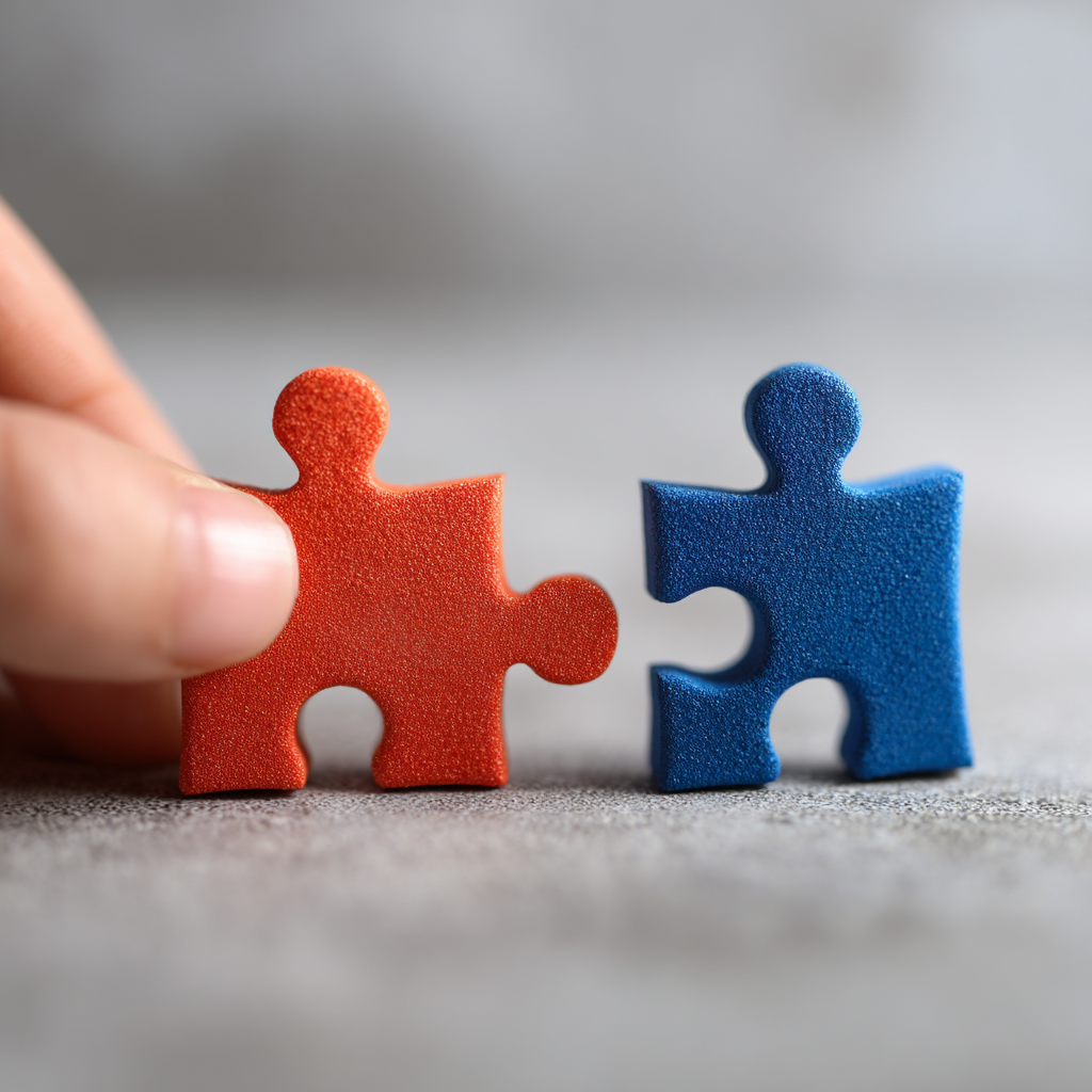 Hand holds a red puzzle piece next to a blue puzzle piece on a gray surface.
