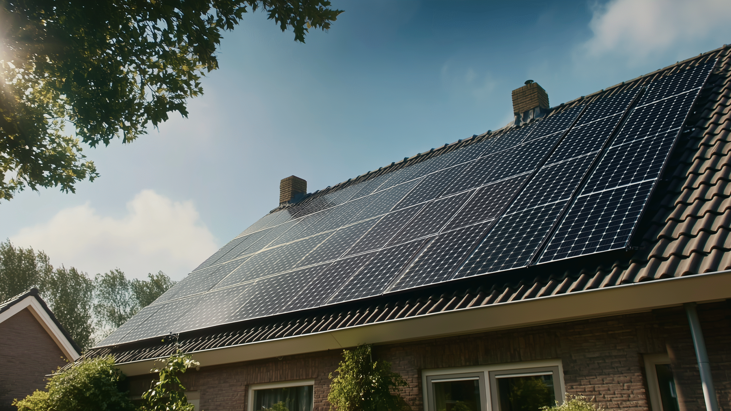 Woning met donker dak waarop meerdere zonnepanelen zijn geplaatst, in de zon.